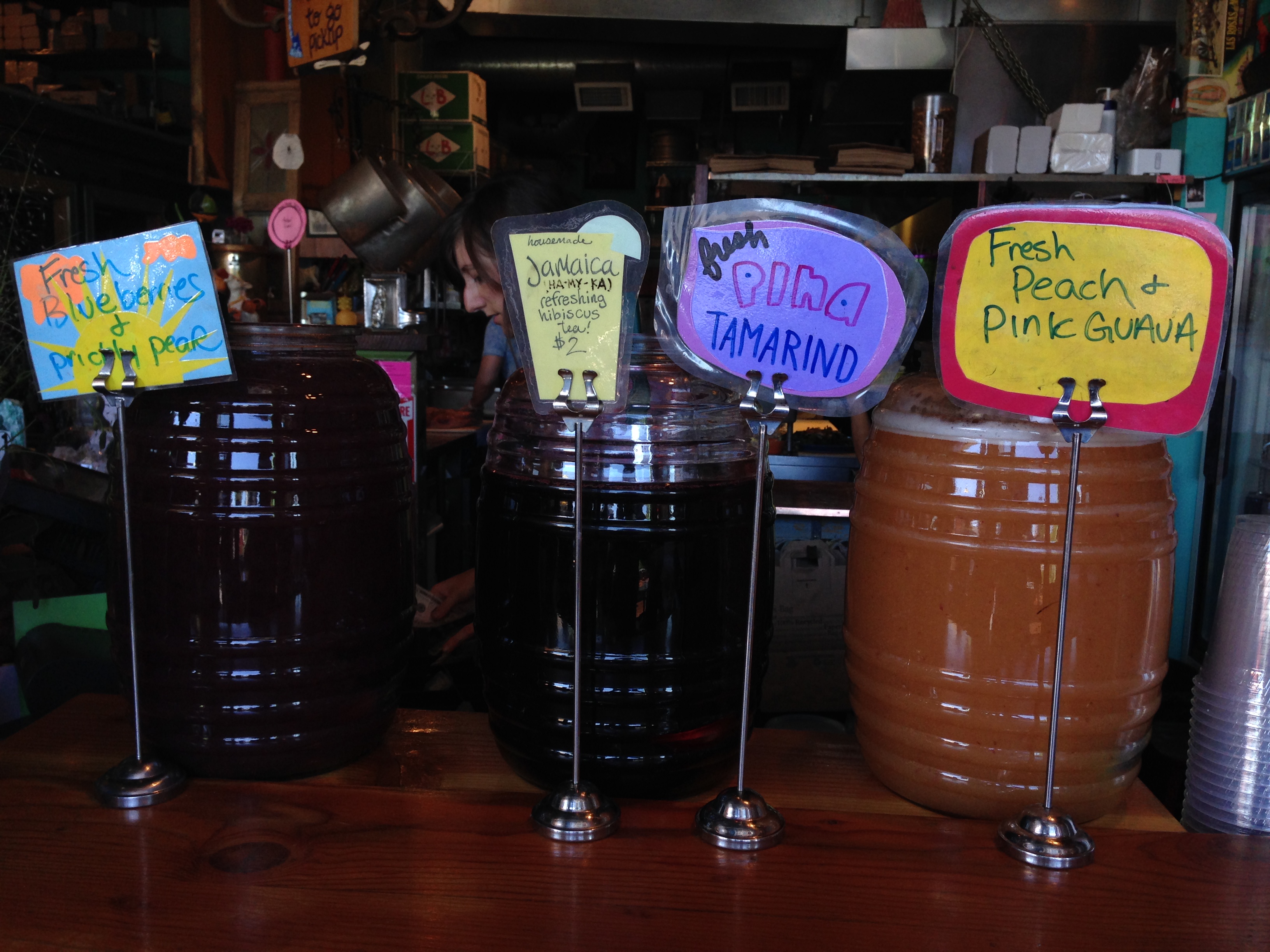 Delicious assortment of aguas frescas at Porque No?