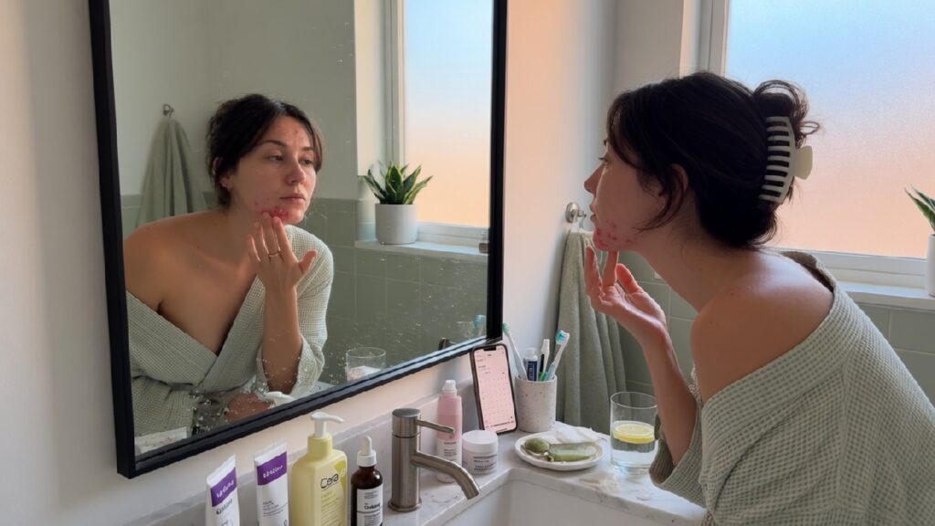 Woman looking in the mirror and touching hormonal acne along her jawline before her period