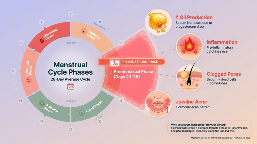 Infographic explaining how menstrual cycle hormone changes can contribute to acne before a period.