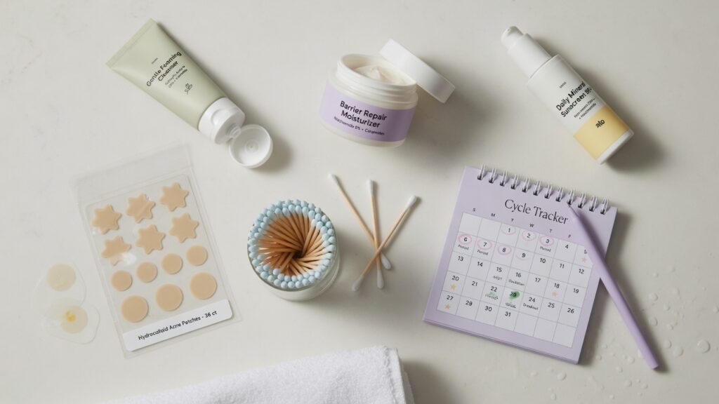 Simple skincare routine for hormonal acne before a period, including cleanser, moisturizer, sunscreen, acne patches, and a cycle calendar.