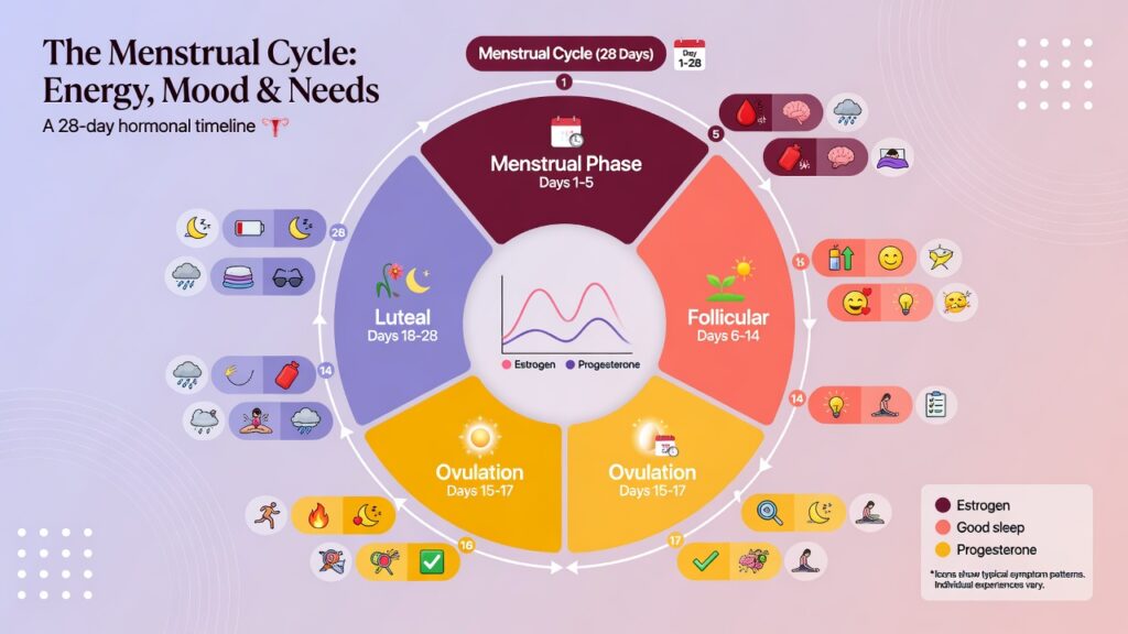 Infographic showing how focus, energy, sleep, mood, cramps, and rest needs may shift across the menstrual cycle.