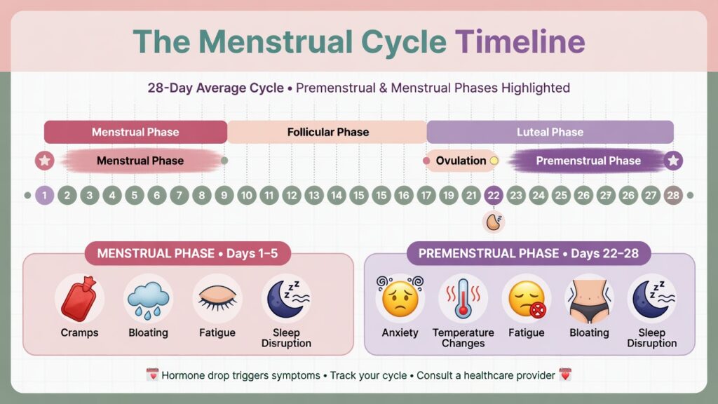 Infographic showing how the menstrual cycle can affect sleep, fatigue, cramps, anxiety, and bloating.