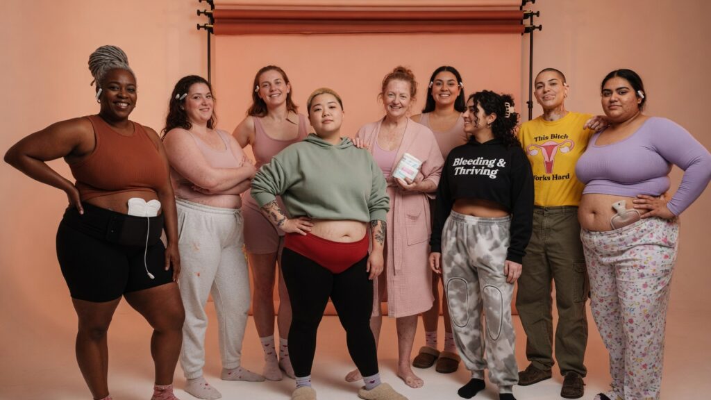Diverse group standing confidently to represent menstrual esteem and period confidence.