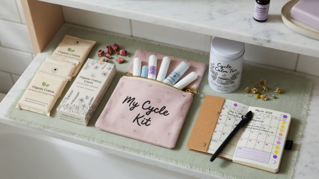 Organic cotton period care kit with pads, liners, tampons, tea, and cycle-tracking notebook for managing menstrual symptoms.