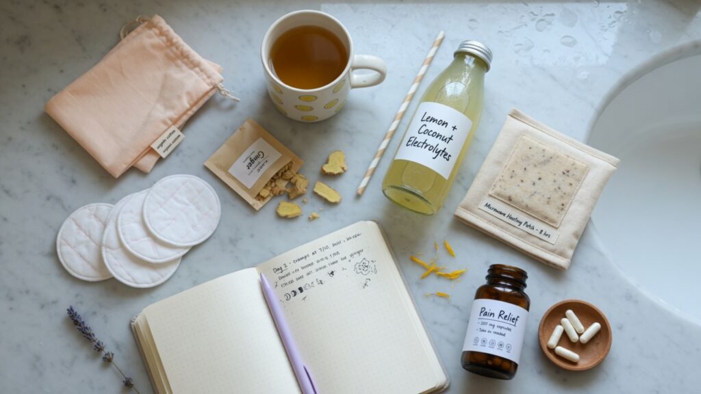 Period nausea comfort kit with organic cotton pads, ginger tea, electrolytes, heating patch, and symptom journal.