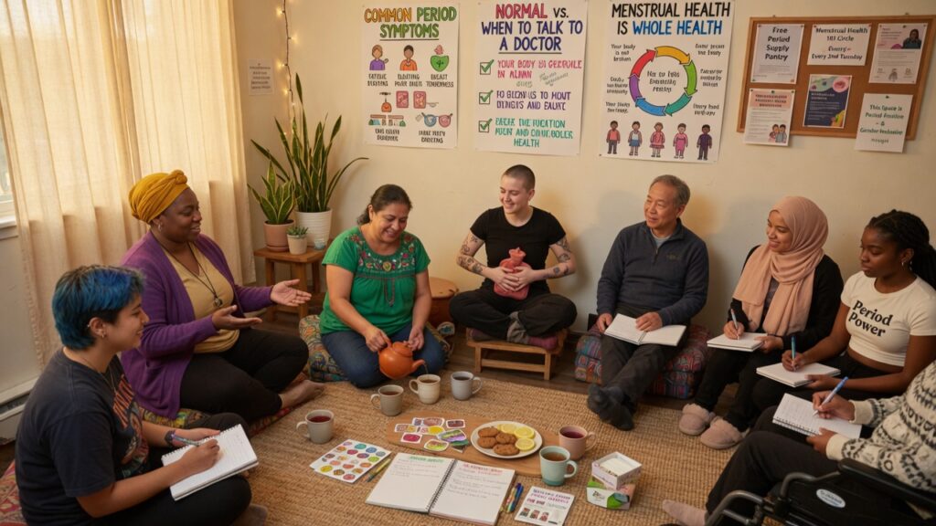 Diverse group discussing period nausea and menstrual health education in a supportive community setting.