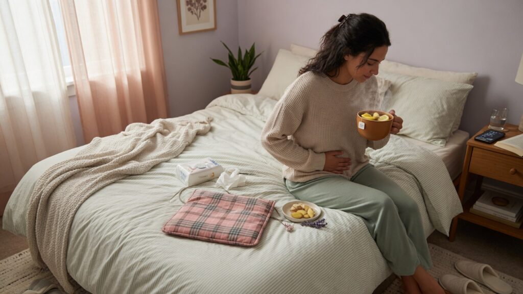 Person managing period nausea with ginger tea and a heating pad during menstruation.
