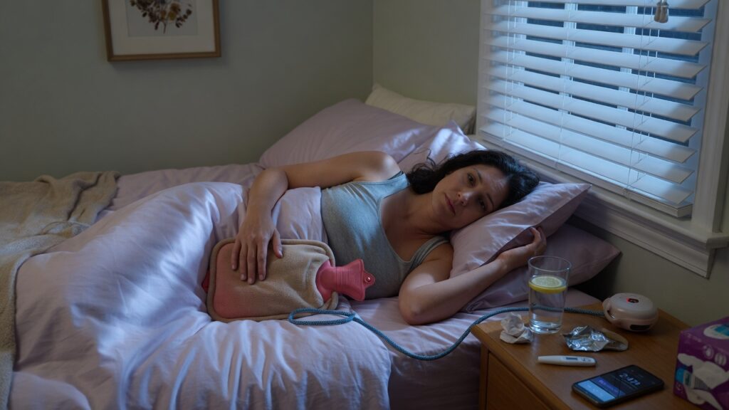 Woman lying awake at night experiencing period sleep struggles during menstruation.