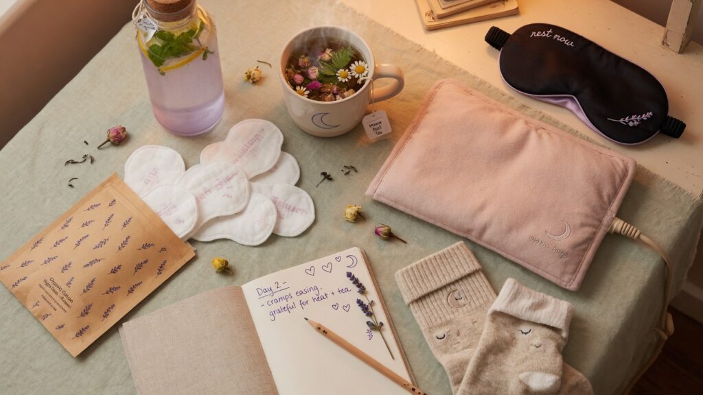 Period sleep support kit with organic cotton pads, herbal tea, heating pad, water, journal, and sleep mask.