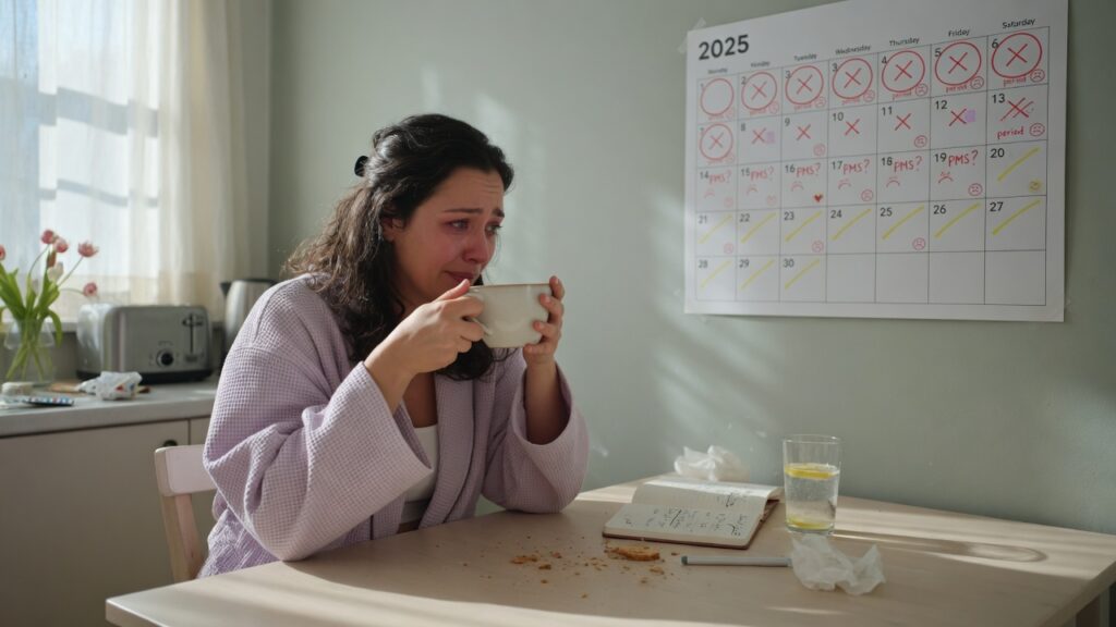 Woman feeling emotionally overwhelmed before her period, representing PMS mood swings.