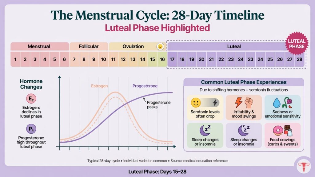 Infographic showing how menstrual cycle hormone shifts may influence serotonin and PMS mood swings.