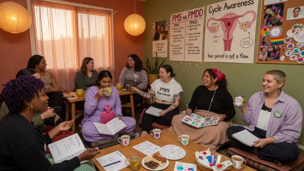 Diverse group discussing PMS mood swings and menstrual health education in a supportive setting.