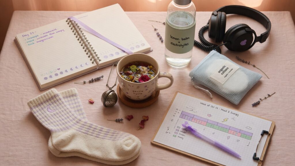 PMS support routine with a cycle journal, tea, organic cotton pads, water, and mood tracking chart.