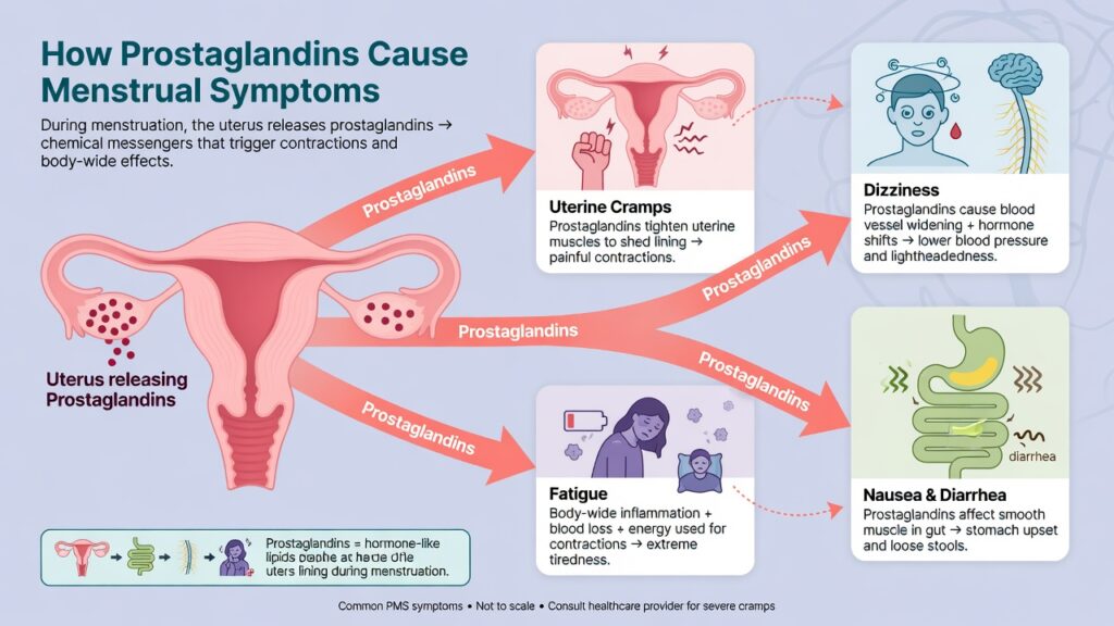 Infographic explaining how prostaglandins during menstruation may contribute to cramps, nausea, diarrhea, dizziness, and fatigue.