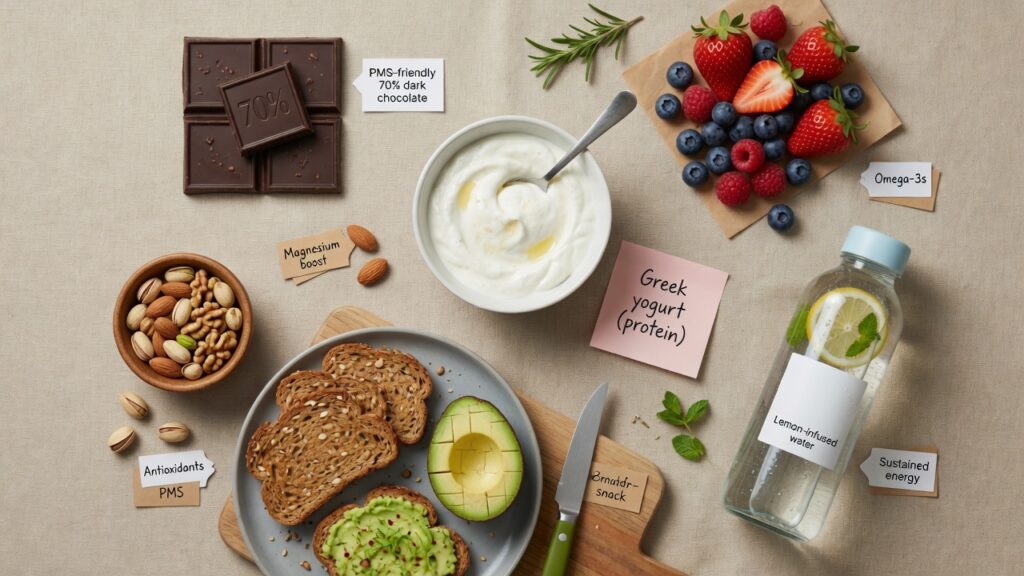 Balanced PMS snack ideas with chocolate, yogurt, berries, nuts, whole grains, and water.