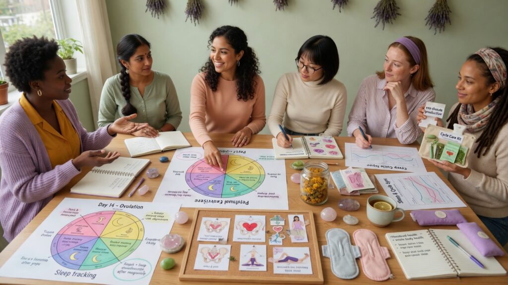 Women discussing menstrual health, sleep problems, and pelvic wellness in an educational workshop.