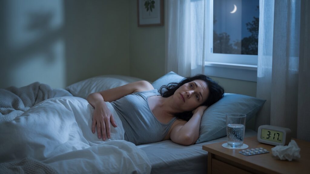 Woman lying awake at night with period discomfort, representing menstrual insomnia and PMS sleep problems.
