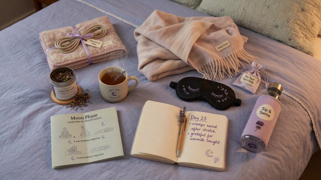 Period sleep support items including a heating pad, herbal tea, journal, water, and sleep mask for PMS relief.