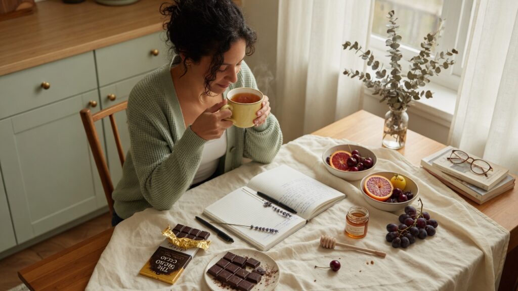 Woman practicing cycle care with tea, chocolate, fruit, and journaling during PMS cravings.