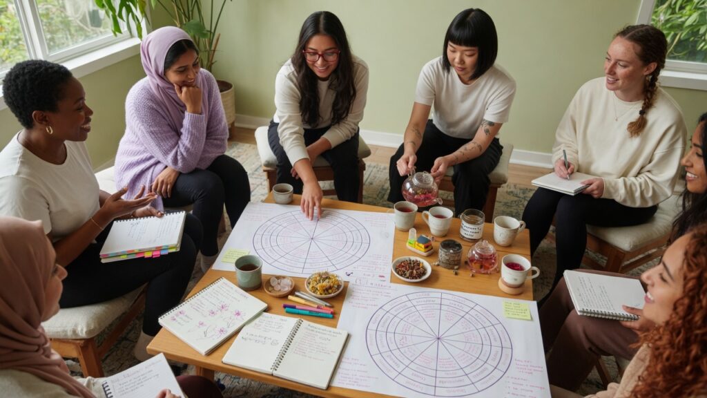 Diverse women discussing PMS cravings and menstrual health in a supportive educational setting.