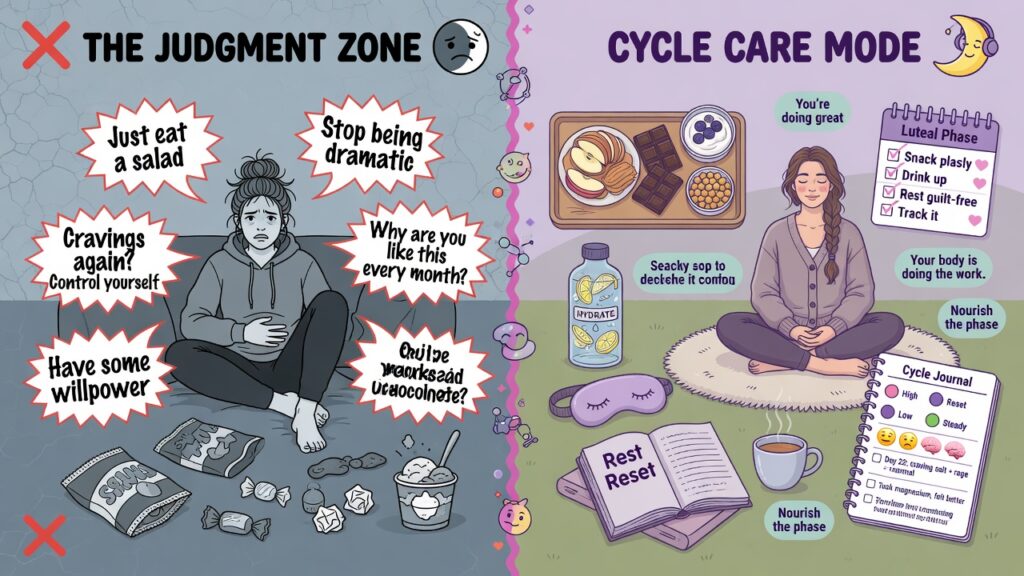 Infographic comparing PMS craving stigma with supportive cycle-care strategies.