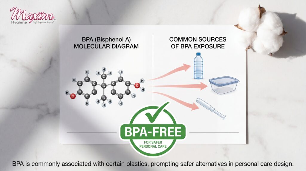 Infographic showing a BPA molecular diagram, common BPA exposure sources, and a BPA-free label for safer personal care products.