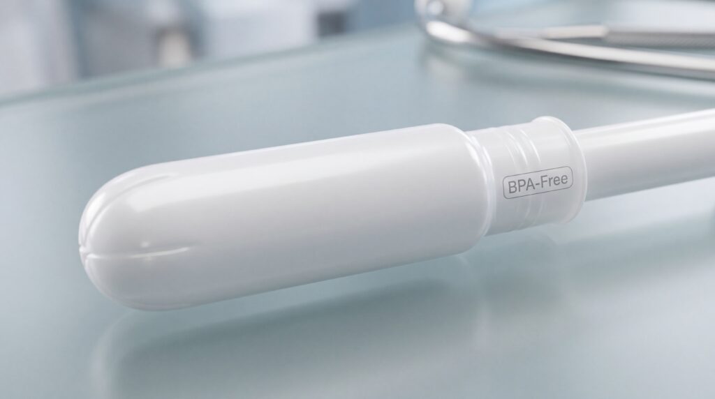 Close-up of a white BPA-free applicator on a clean glass surface with a soft clinical background.