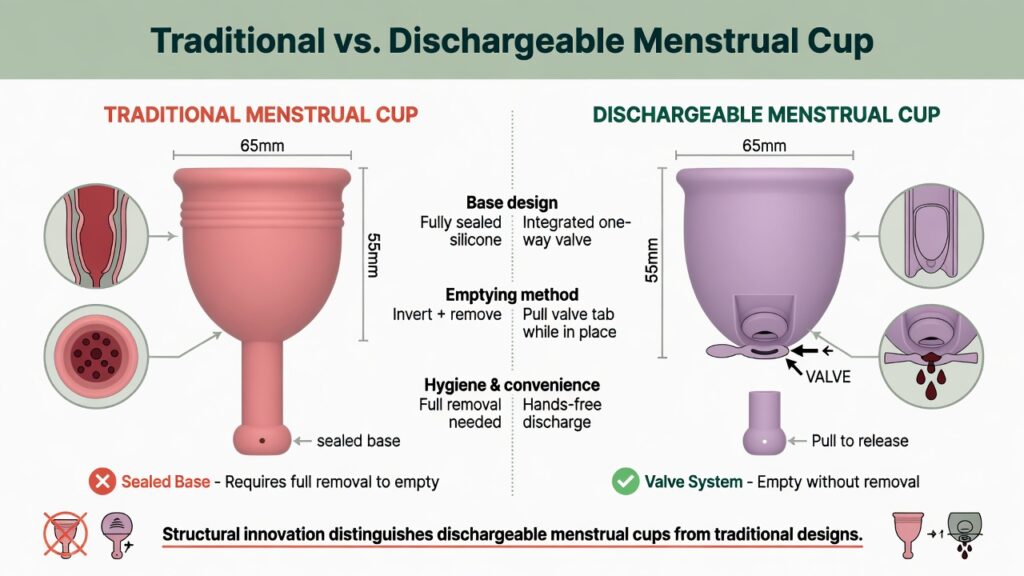 Infographic comparing a traditional menstrual cup with a dischargeable menstrual cup, showing differences in base design, emptying method, and hygiene features.