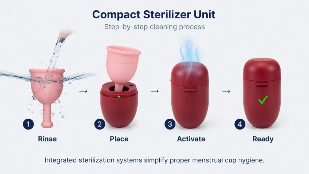 Infographic showing a compact menstrual cup sterilizer unit with four steps: rinse, place, activate, and ready.