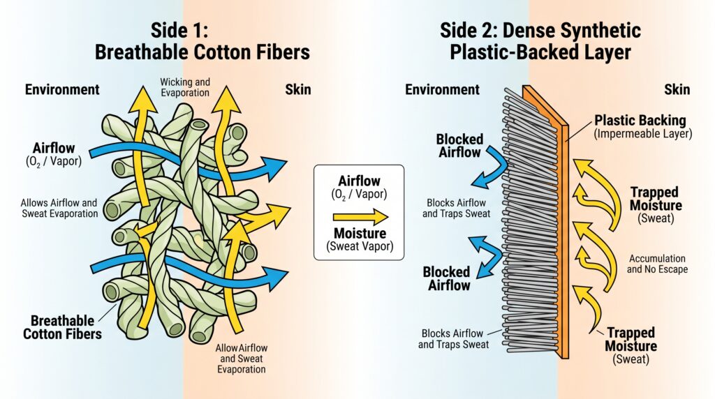 Diagram comparing breathable cotton fibers with a dense synthetic layer in feminine care products.