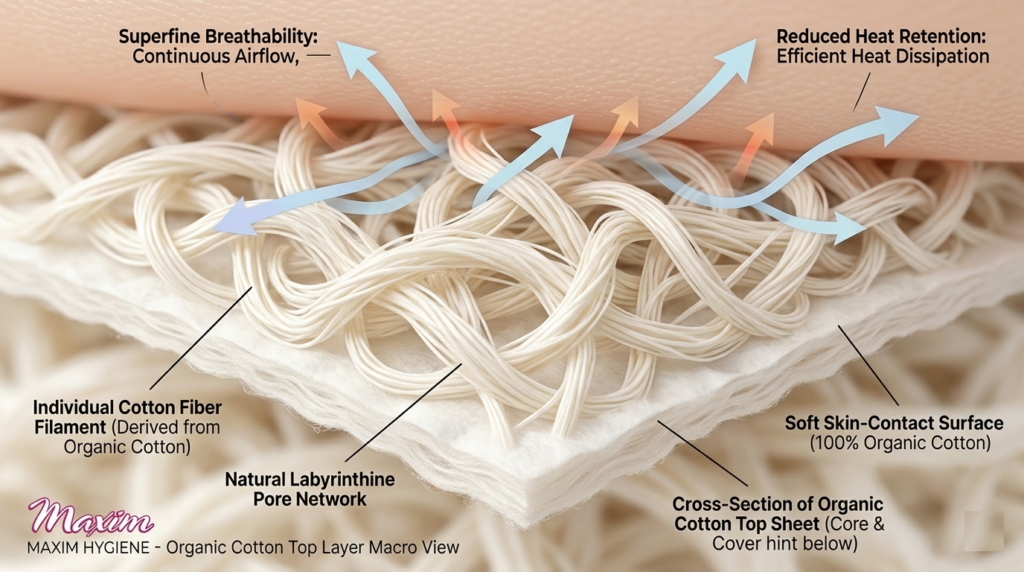 Close-up illustration of breathable organic cotton fibers on a sanitary pad top layer.