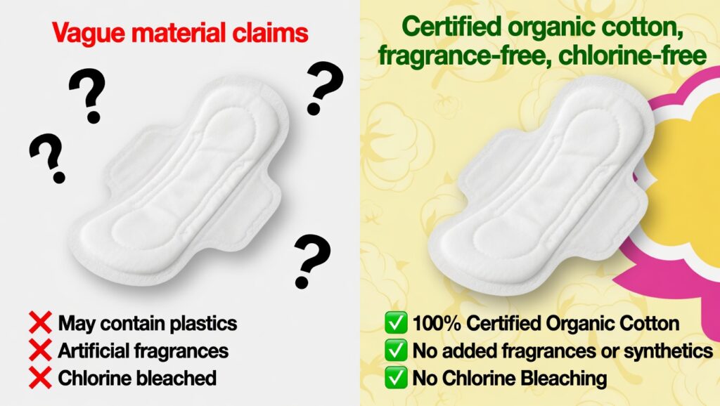 Side-by-side comparison of vague period pad claims and clear certified organic cotton product labeling.