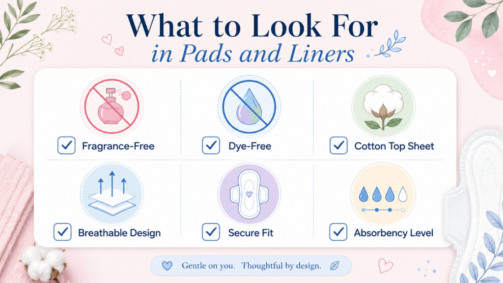 Checklist infographic showing what to look for in chemical-free pads and liners, including fragrance-free and cotton top sheet features.