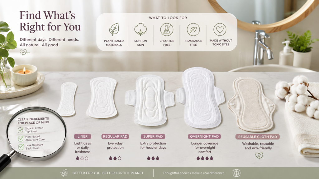 Natural cotton pads and liners displayed with cotton flowers and ingredient label icons to explain chemical-free period care.