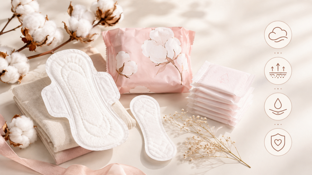 Cotton flowers, ultra-thin pads, and liners arranged with icons for comfort, breathability, and light protection.