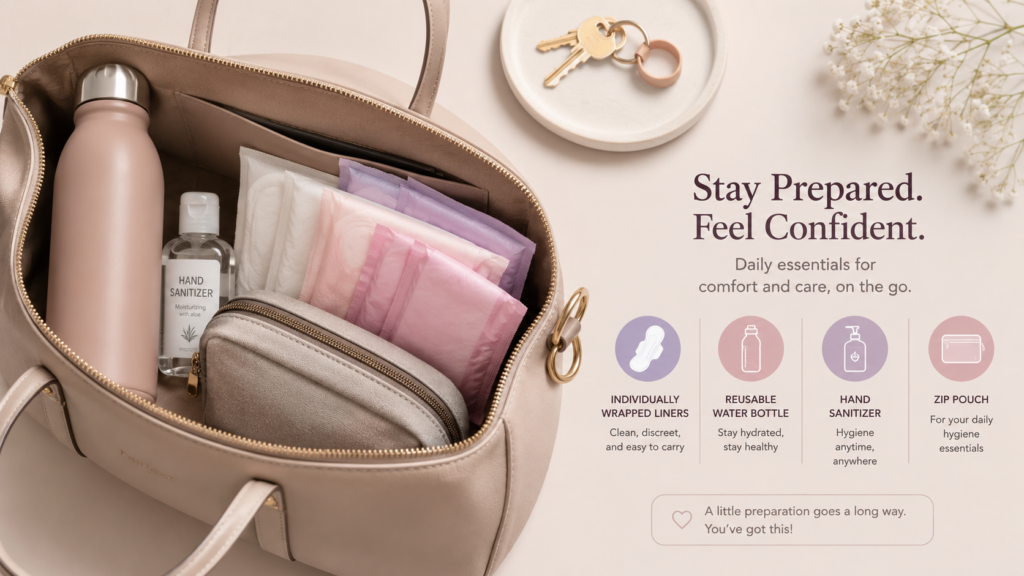 Individually wrapped liners packed in a handbag with daily hygiene essentials.