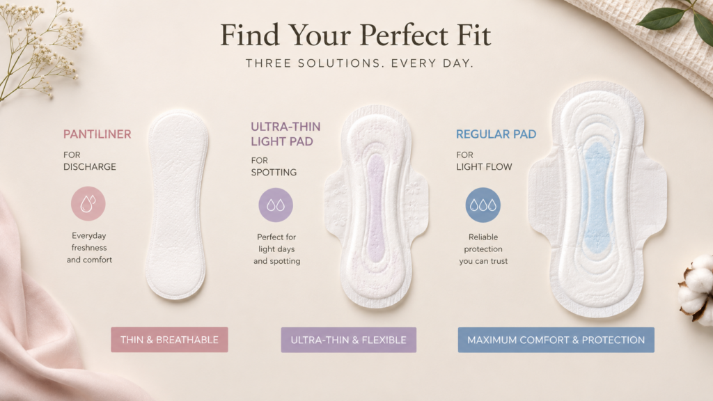 Comparison of pantiliners, light pads, and regular pads for discharge, spotting, and light flow.