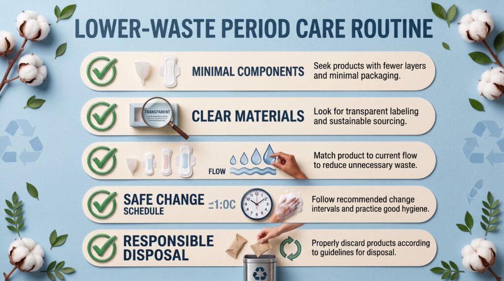 Illustrated checklist for building a lower-waste period care routine with minimal components, clear materials, absorbency matching, safe changing, and responsible disposal.