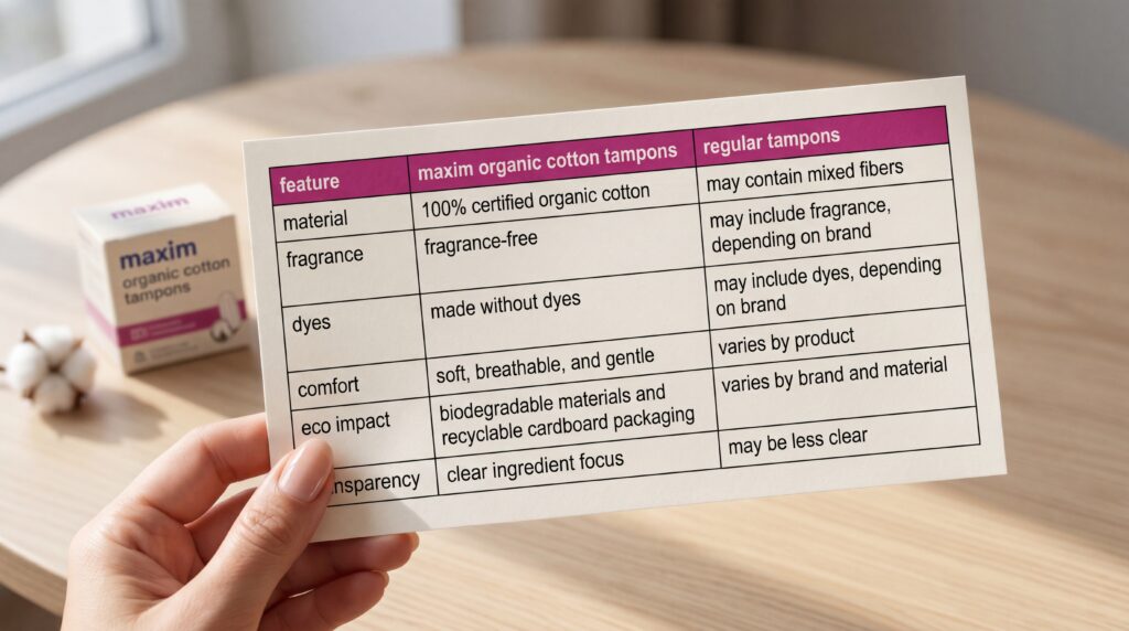 Hand holding a comparison chart showing Maxim organic cotton tampons versus regular tampons, with a Maxim tampon box and cotton on a wooden table in the background.