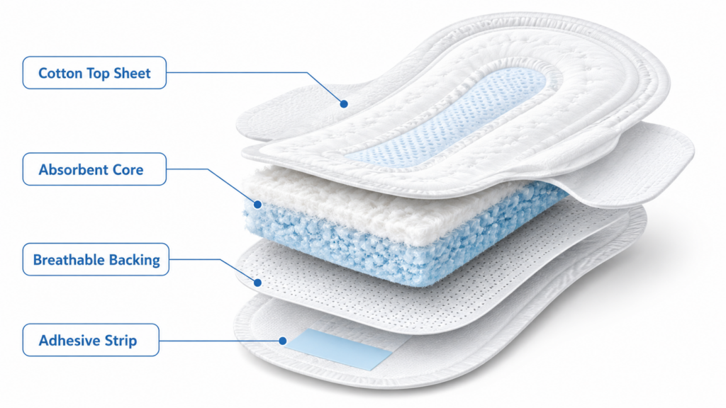 Cutaway diagram of a natural cotton pad showing the top sheet, absorbent core, backing, and adhesive layers.