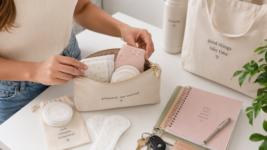 A discreet period care pouch packed with natural cotton pads and liners for daily comfort and preparedness.