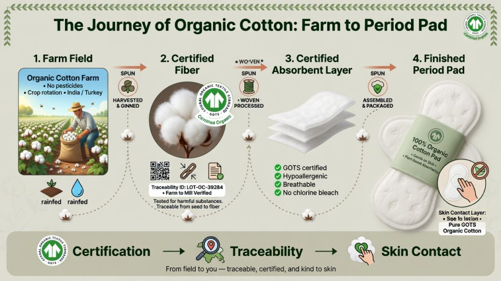 Infographic showing organic cotton moving from certified farm to fiber processing to a finished menstrual pad.