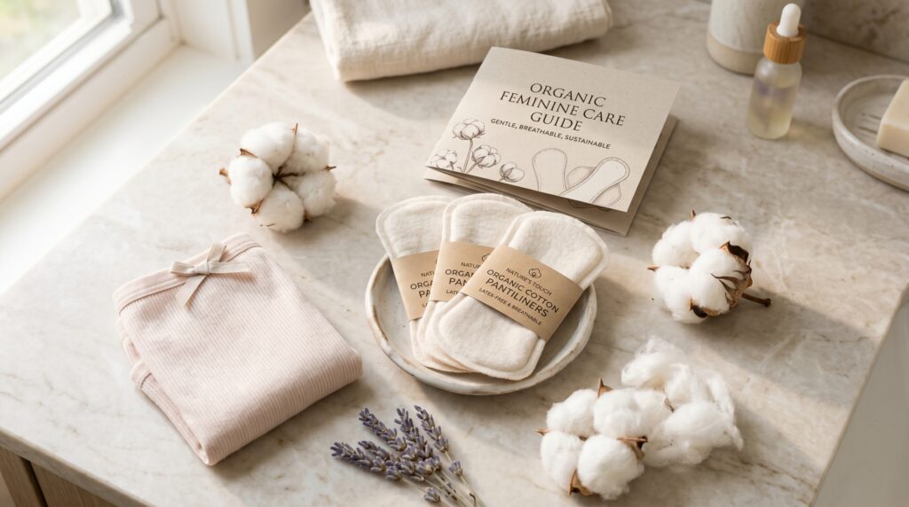 Organic cotton pantiliners arranged with cotton flowers and underwear to illustrate breathable feminine care materials.