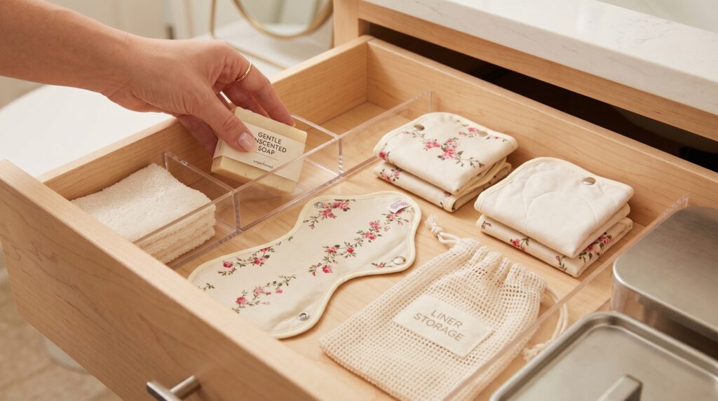 Person organizing organic cotton feminine care products and reusable pantiliners in a bathroom drawer.