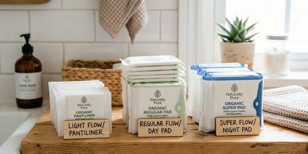 Organic cotton pads and pantiliners arranged by light, regular, and super absorbency levels.