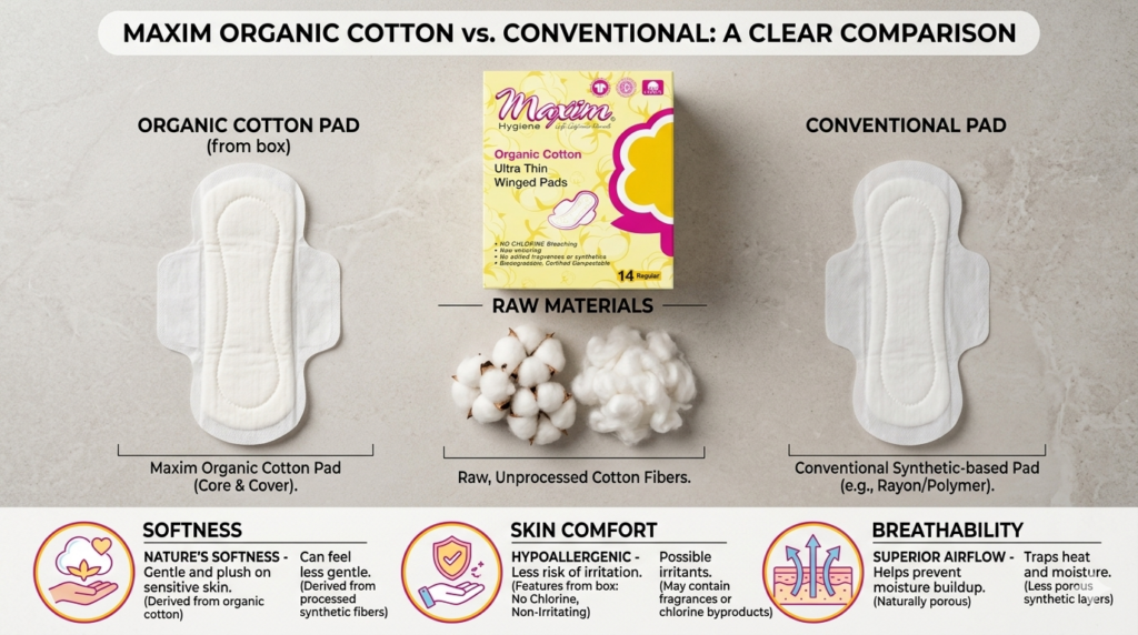 Educational comparison of organic cotton pads and conventional pads for sensitive skin comfort.