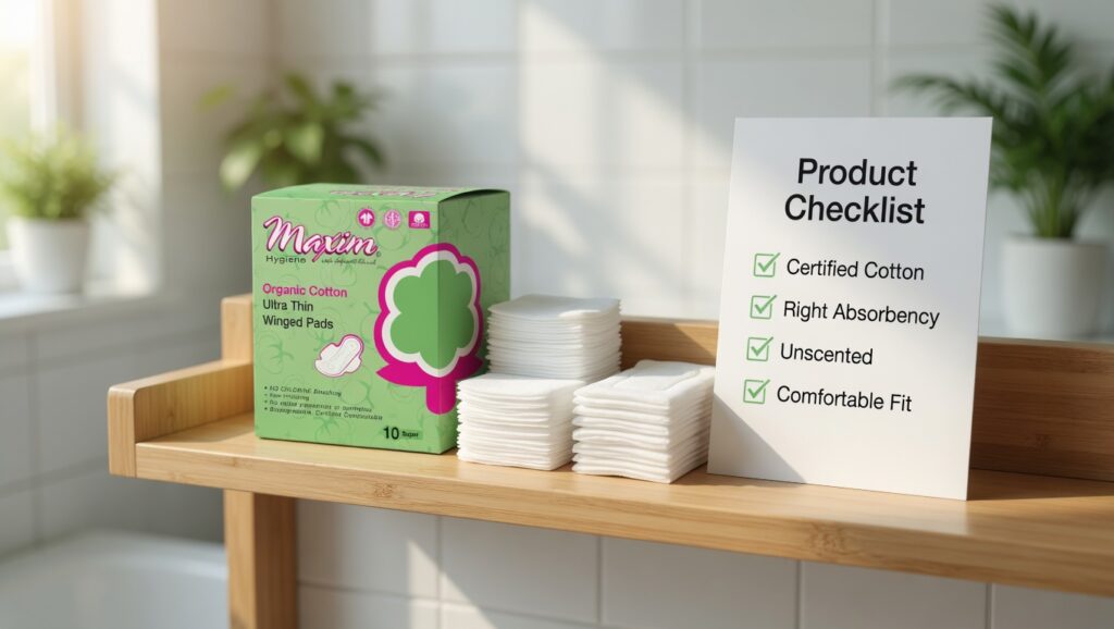 Organic cotton period pads and pantiliners arranged beside a checklist for safer, more transparent period care choices.