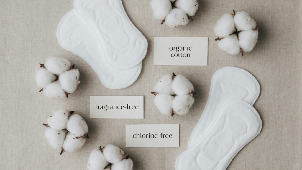 Flat-lay of organic cotton pads, pantiliners, and cotton bolls illustrating material transparency in period care.