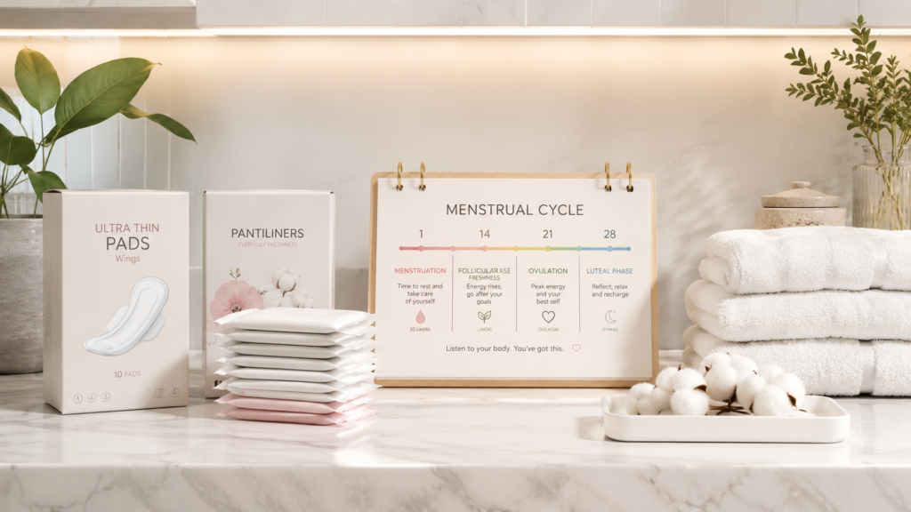 Ultra-thin pads and pantiliners arranged beside a menstrual cycle calendar and cotton towels.