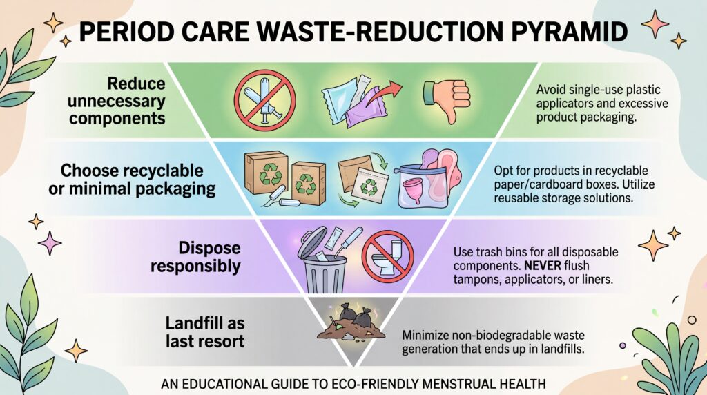 Infographic showing a waste-reduction hierarchy for period care, with reducing unnecessary components at the top.